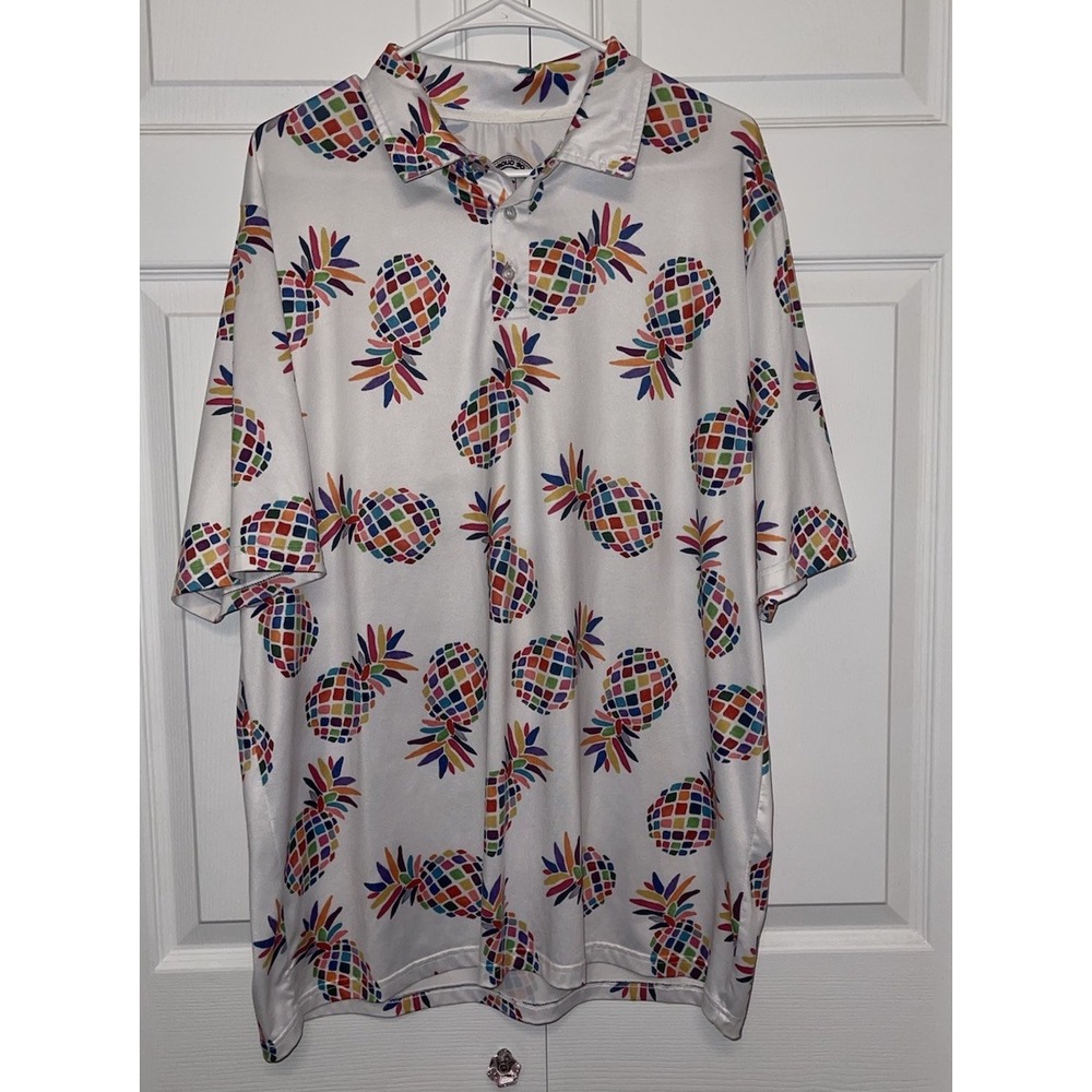Proud 90 Golf Is Fun Mens XL Rainbow Pineapple Short Sleeve  Polo Shirt White